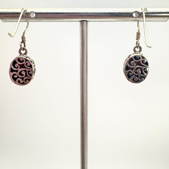 VTG Sterling Silver 925 Red Cabochon Gemstone Dangle Earrings Size 1" Length - Picture 5 of 9